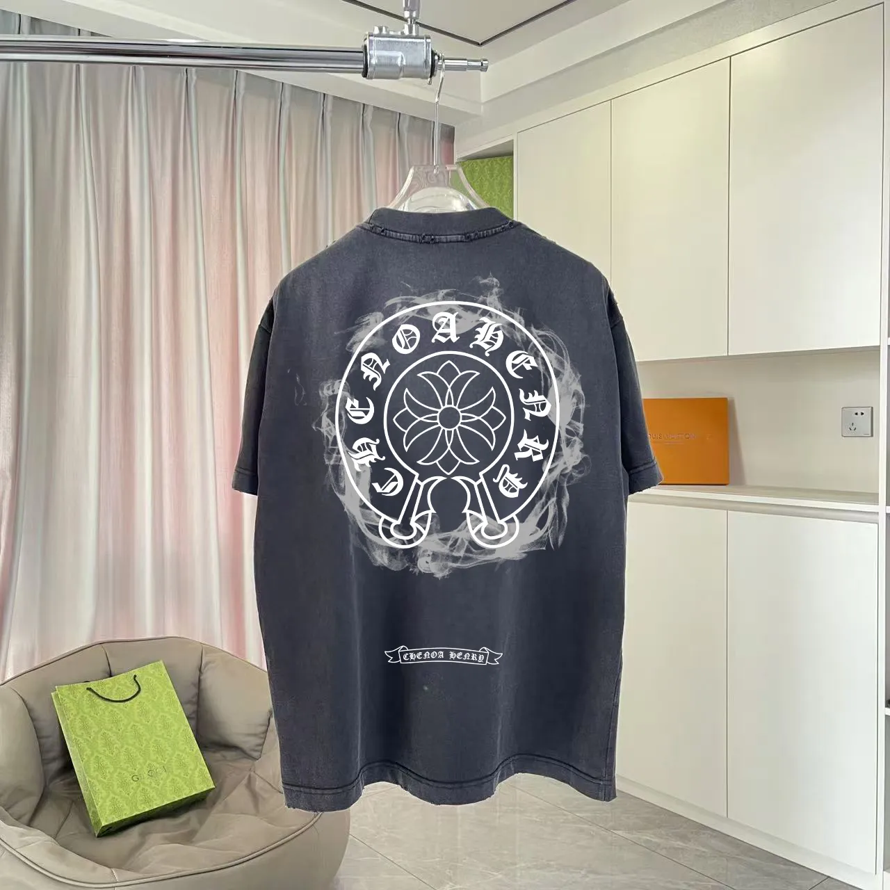 🅿️190 ch Crow* 2025 summer new style, washed, distressed, spray-painted, Sanskrit cross print, short-sleeved T-shirt, customized fabric 320g, same style for men and women, size: S M L XL XXL five sizes, color: black, gray, gradient black, gradient red